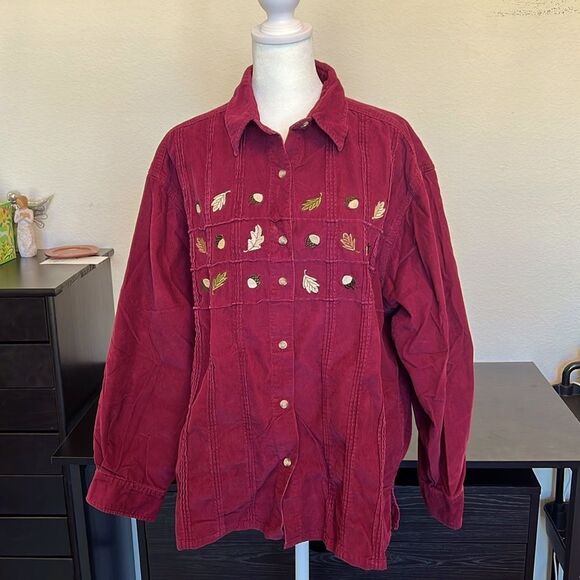 Mandal Bay Women's Button Front Long Sleeve Wine Colored Corduroy Collared Top - Picture 1 of 6
